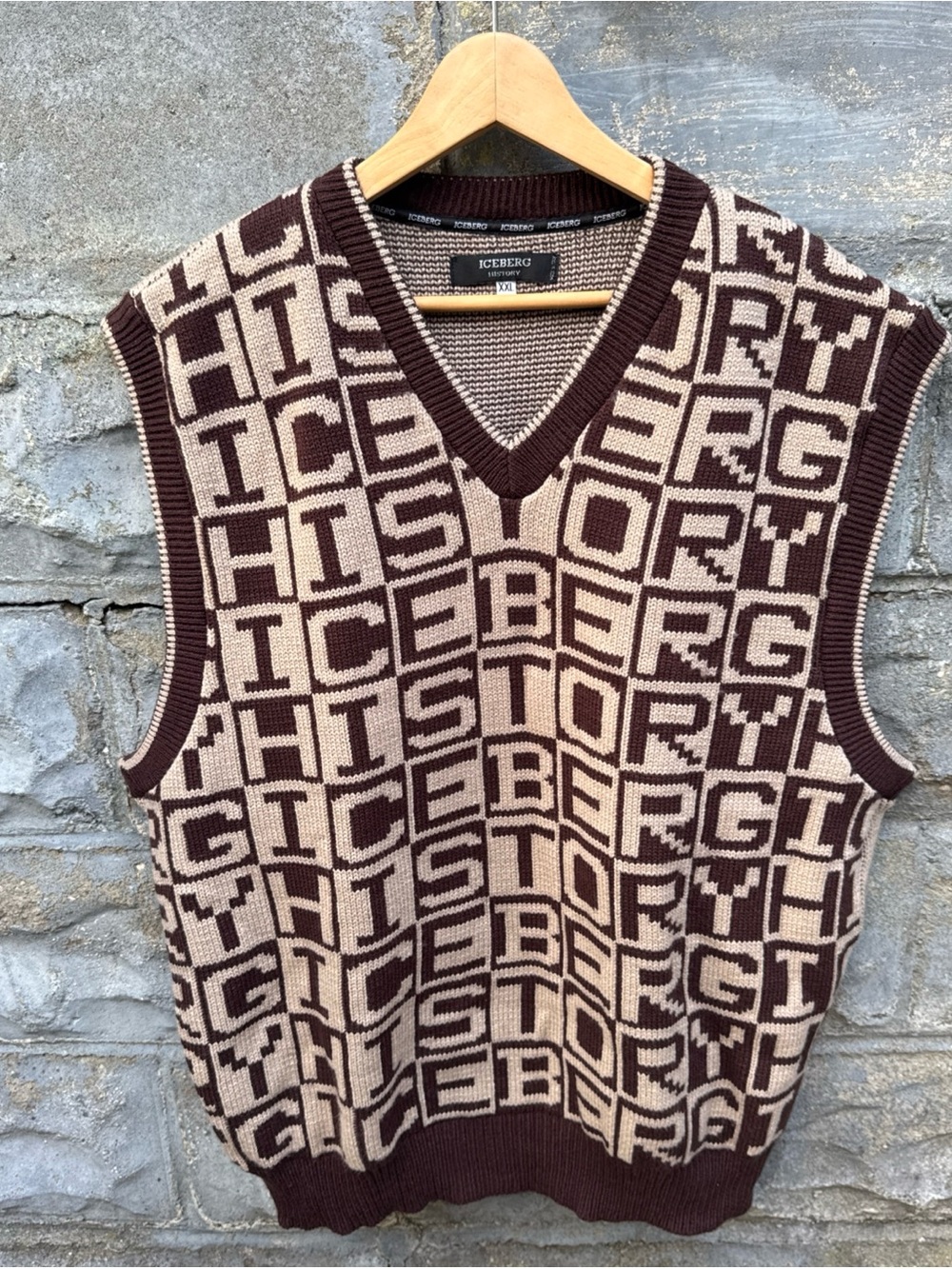 VINTAGE Iceberg Sweater Vest Men XXL Brown Wool Spell Out Hip Hop 90s